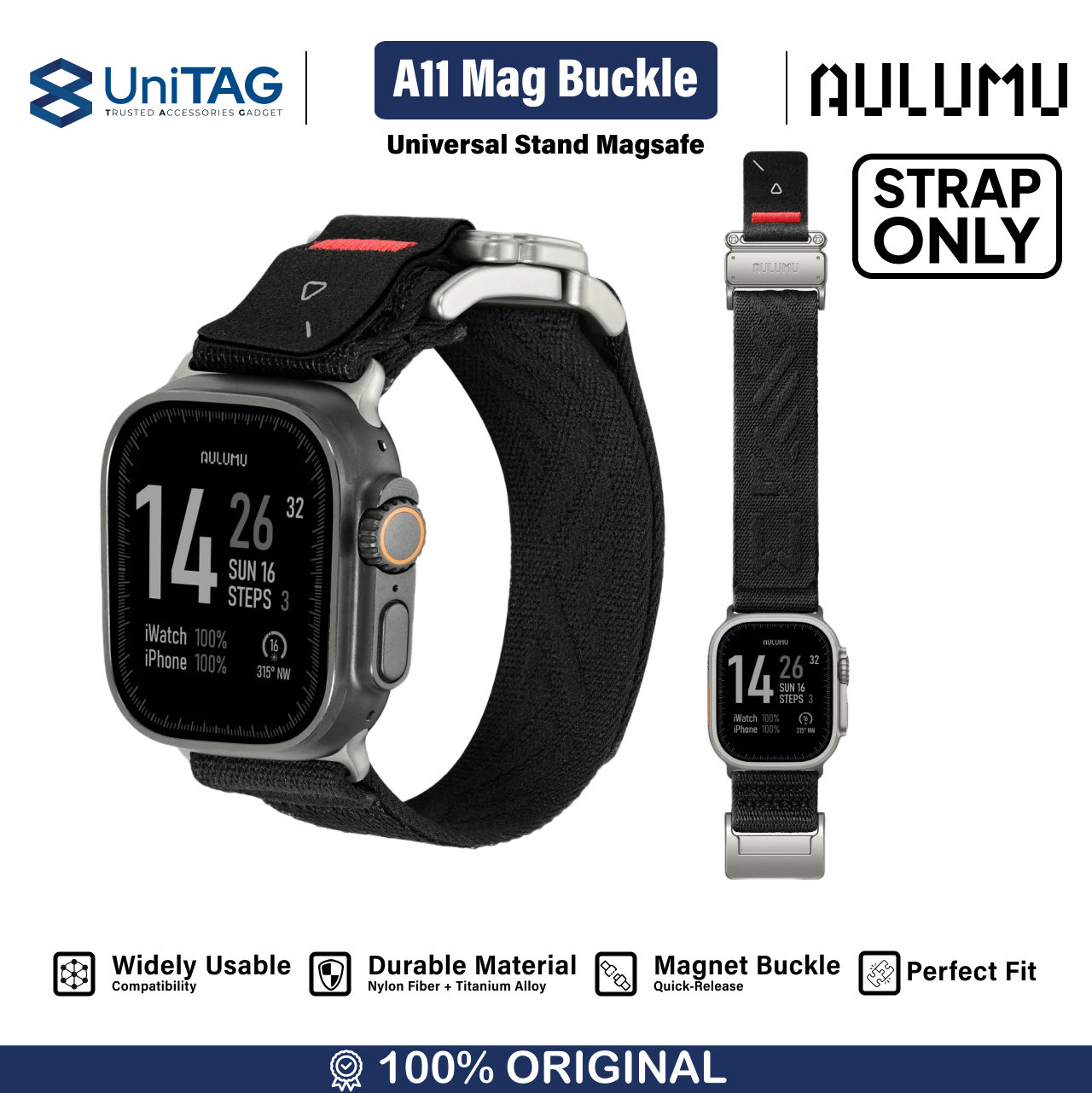 Aulumu Apple Watch 49mm / 46mm / 45mm / 44mm / 42mm (Series 3 / 2 / 1) Strap Mag Buckle Slim (New Design) - Black A11-NL-BK-BK-M