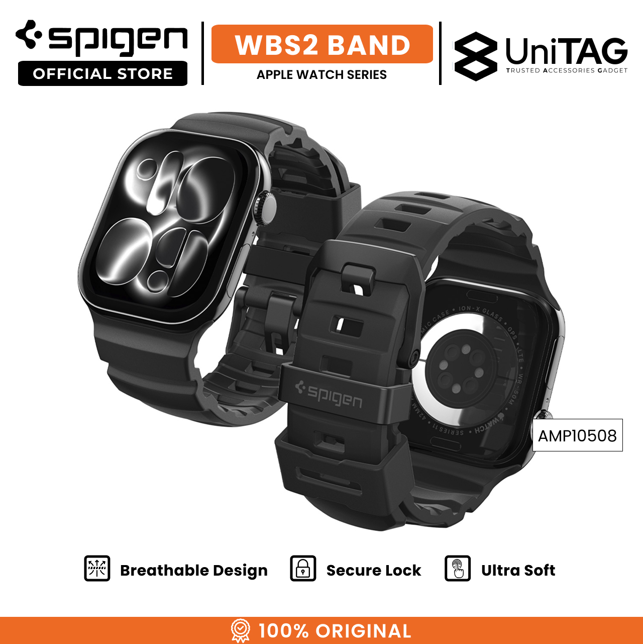 Spigen Apple Watch 49mm / 46mm / 45mm / 44mm / 42mm (Series 3 / 2 / 1) Strap Band WBS2 - Black AMP10508