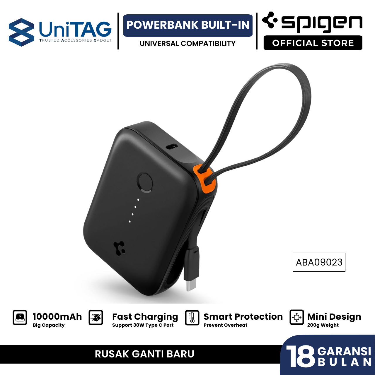 Spigen Powerbank Built in Kabel Charger USB C Essential 10000mAh 30W EA3010BT - Black ABA09023