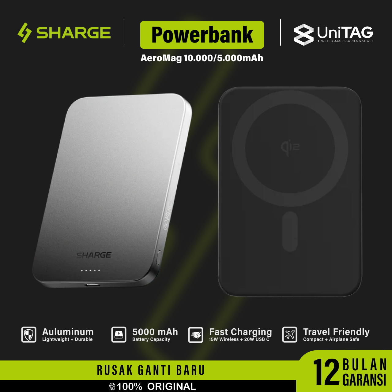 Sharge Powerbank AeroMag Qi2 5000mAh M4 - Black Gradient YDD-SG-M4CBCX-HEI
