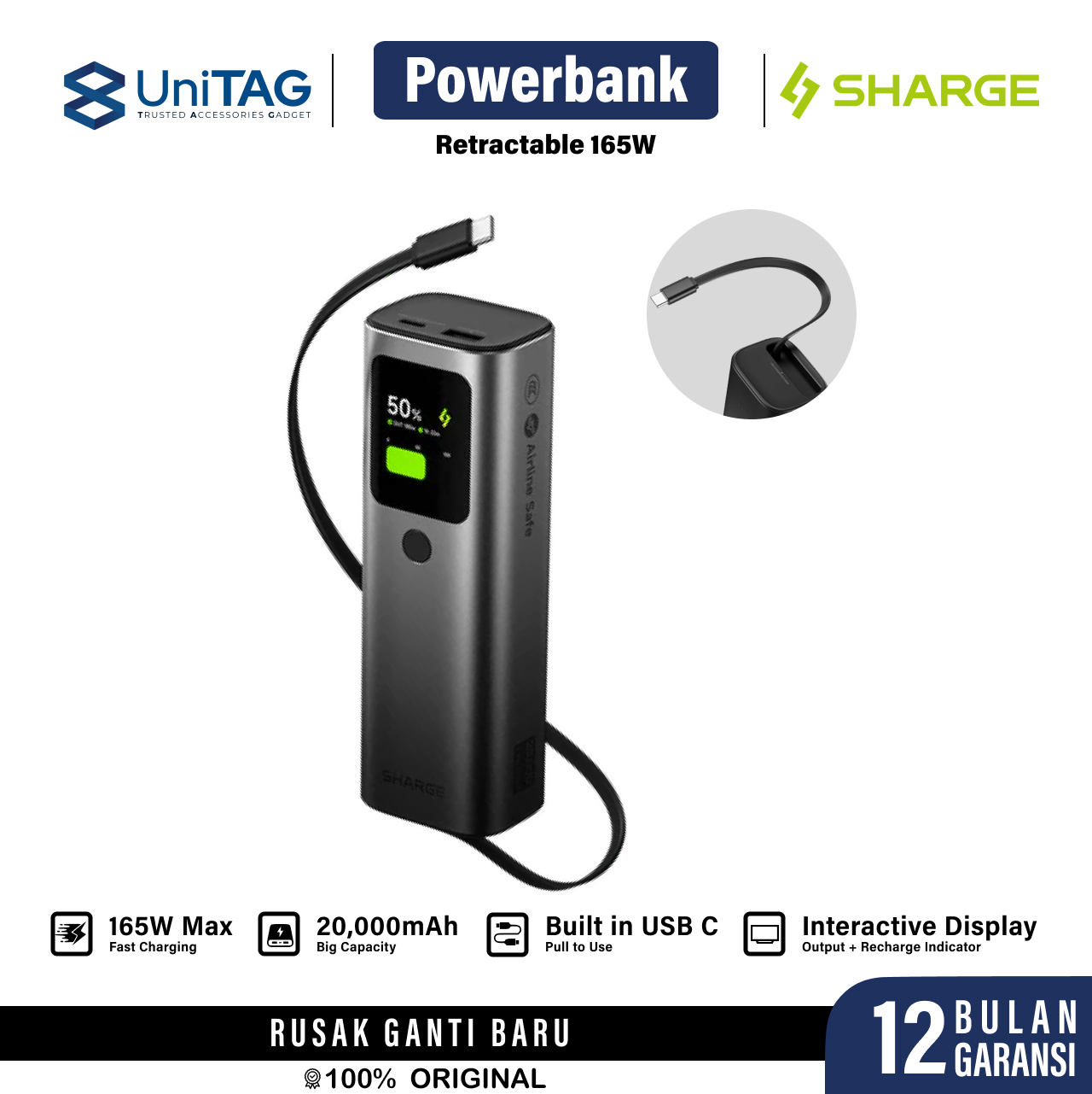 Sharge Powerbank 20000 mAh Built in Retractable Cable USB C 165W E4 - Black YDD-SG-E4SSX-HEI
