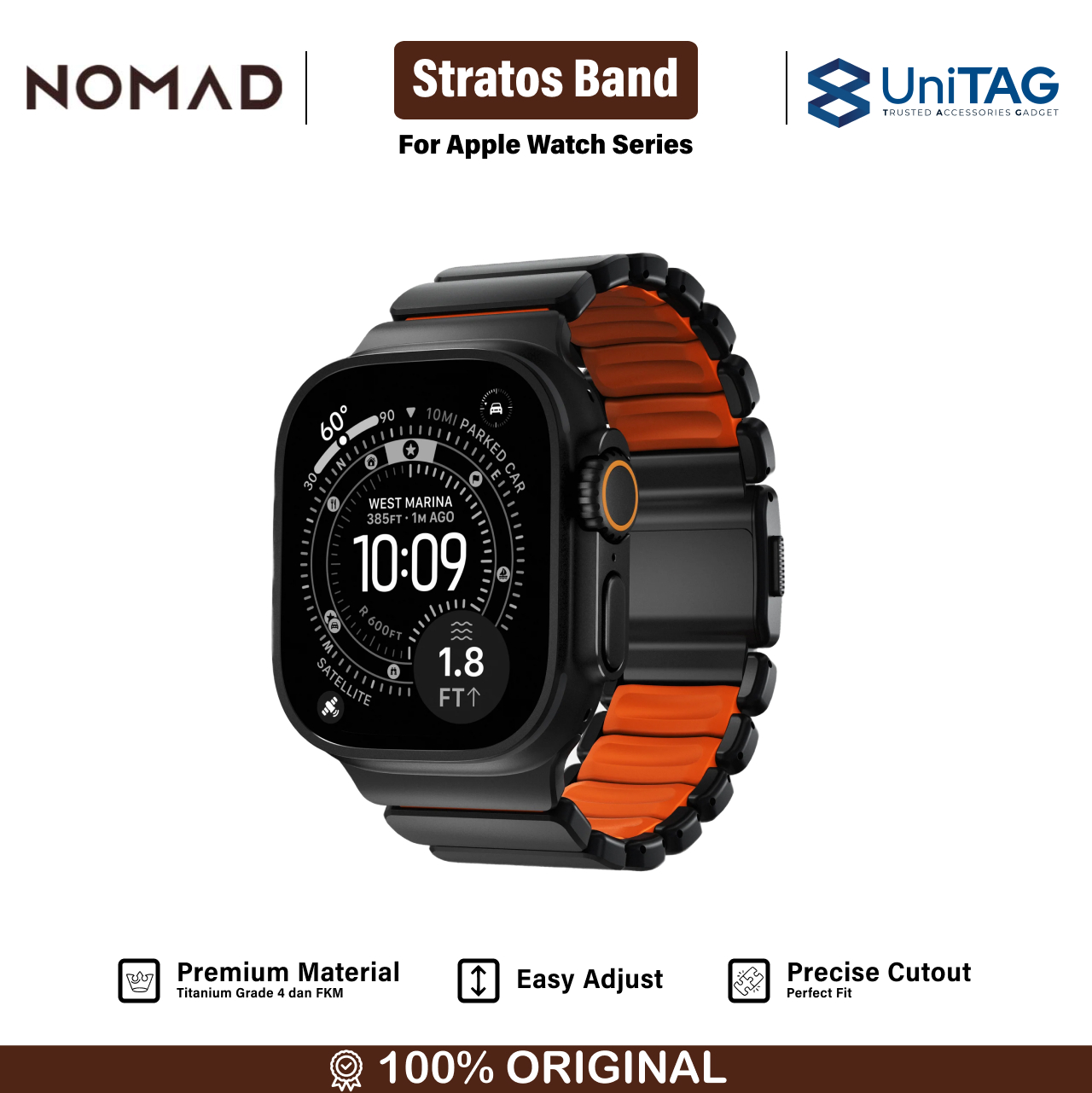 Nomad Apple Watch 49mm / 46mm / 45mm / 44mm / 42mm (Series 3 / 2 / 1) Stratos Band Black Titanium - Ultra Orange FKM NM011116858 (Online Eksklusif)