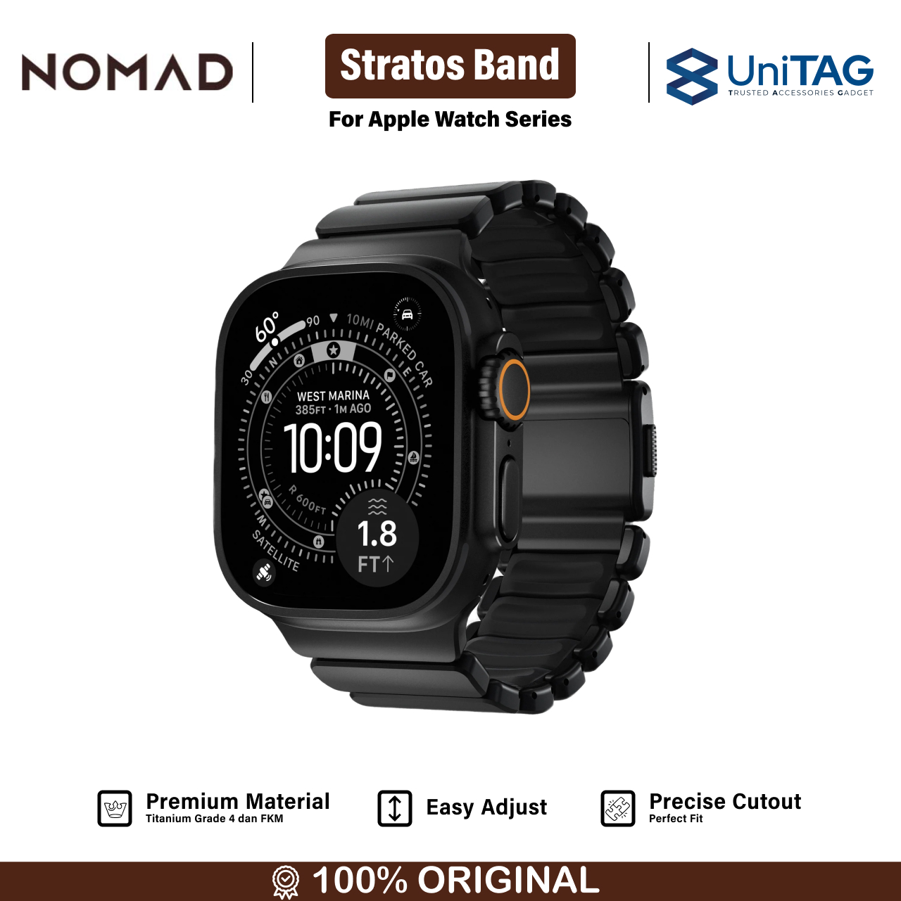 Nomad Apple Watch 49mm / 46mm / 45mm / 44mm / 42mm (Series 3 / 2 / 1) Stratos Band Black Titanium - Black FKM NM011154858 (Online Eksklusif)