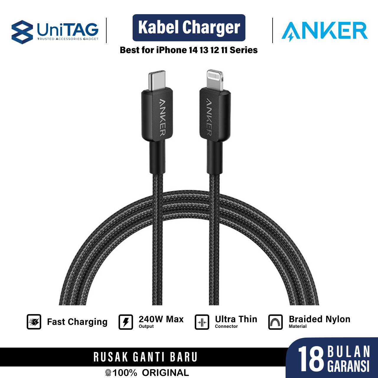 Anker Kabel Charger Lightning - USB C 60W Braided 0.9m 322 Powerline - White A81B5H21