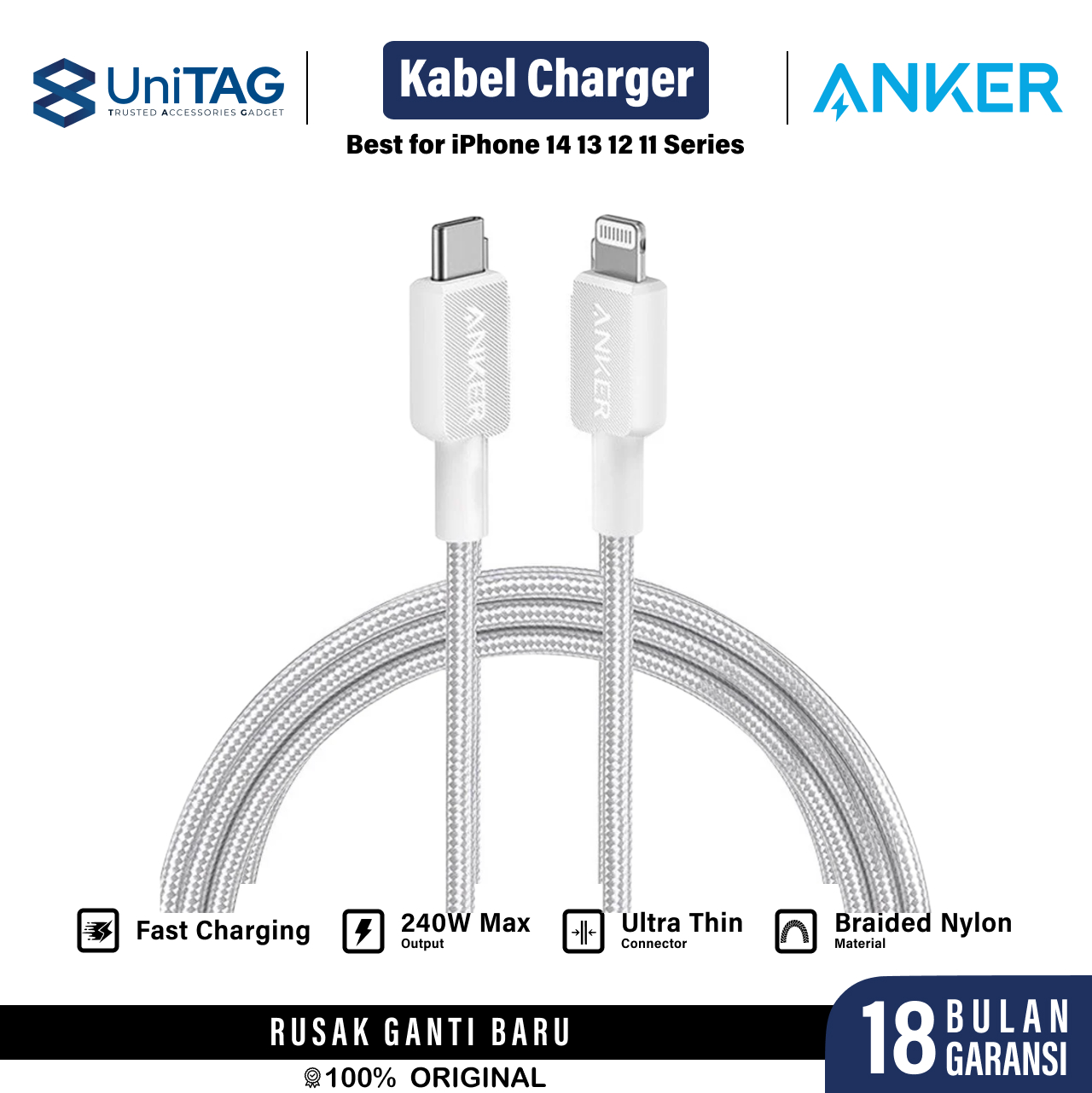 Anker Kabel Charger Lightning - USB C 60W Braided 0.9m 322 Powerline - Black A81B5H11