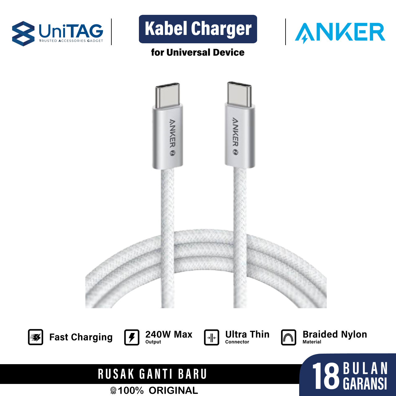 Anker Kabel Charger USB C - USB C 240W Braided 1.8m Zolo - White A8060H22