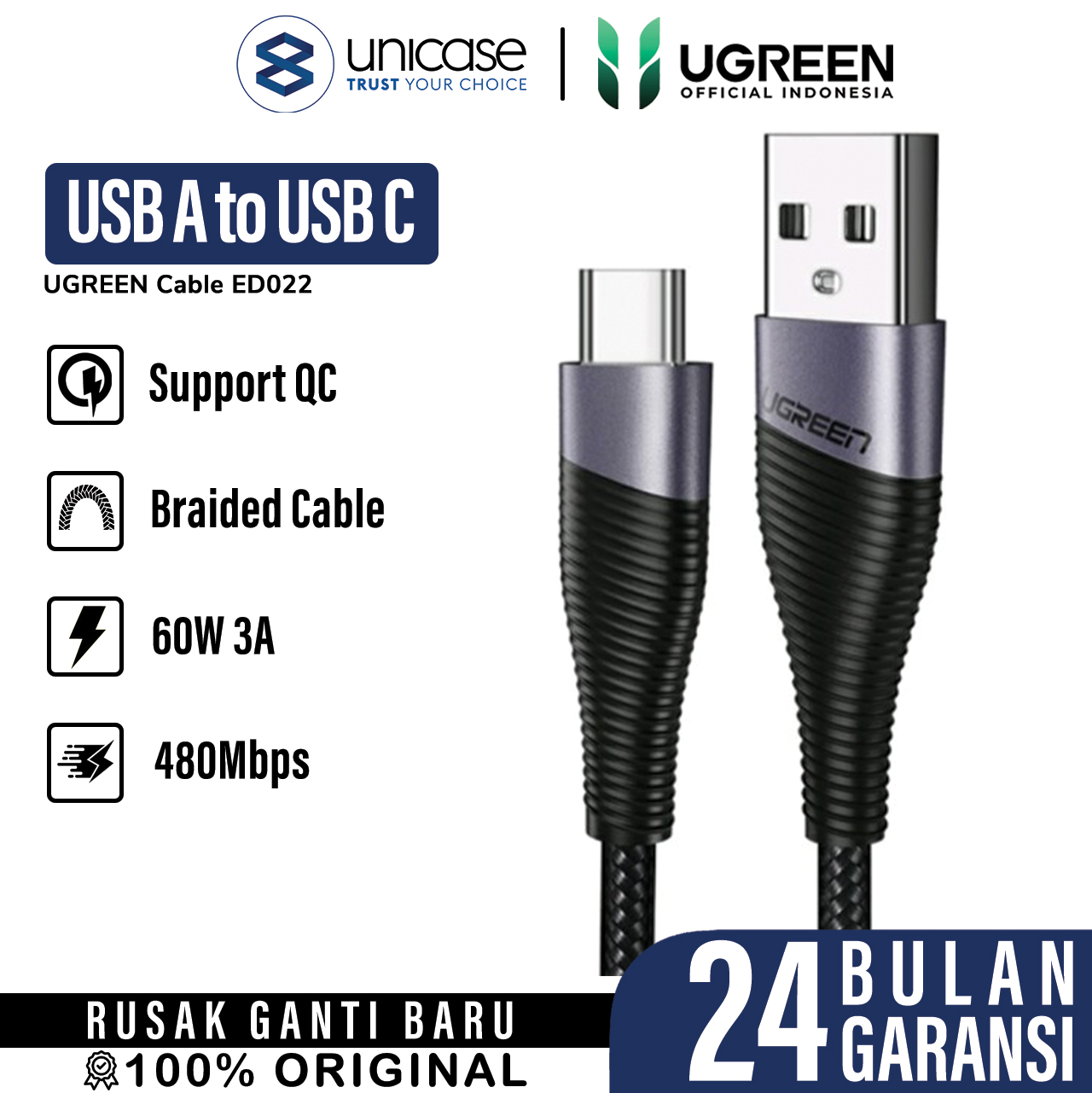UGREEN Kabel Charger USB C - USB A Braided 2m - Black ED022 60206