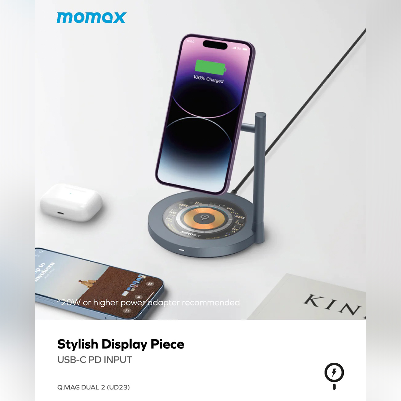 Momax Magsafe Wireless Charger Stand 2 in 1 Q.Mag Dual 2 - Black UD23E