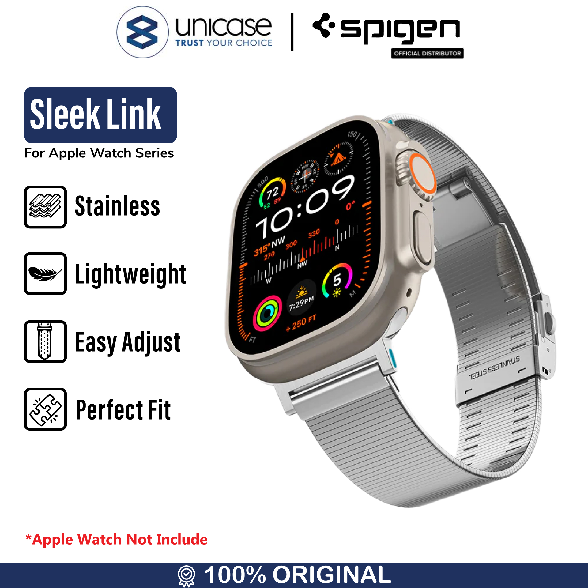 Spigen Apple Watch 49mm / 46mm / 45mm / 44mm / 42mm (Series 3 / 2 / 1) Band Sleek Link - Silver AMP07224