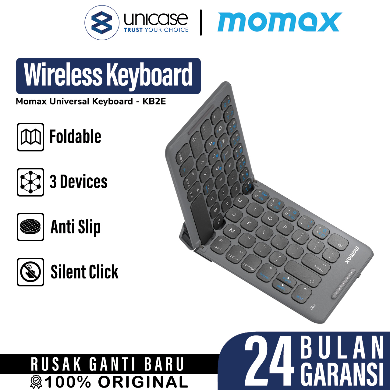 Momax Keyboard Foldable Onelink Folding Portable Wireless Keyboard - Space Grey KB2E