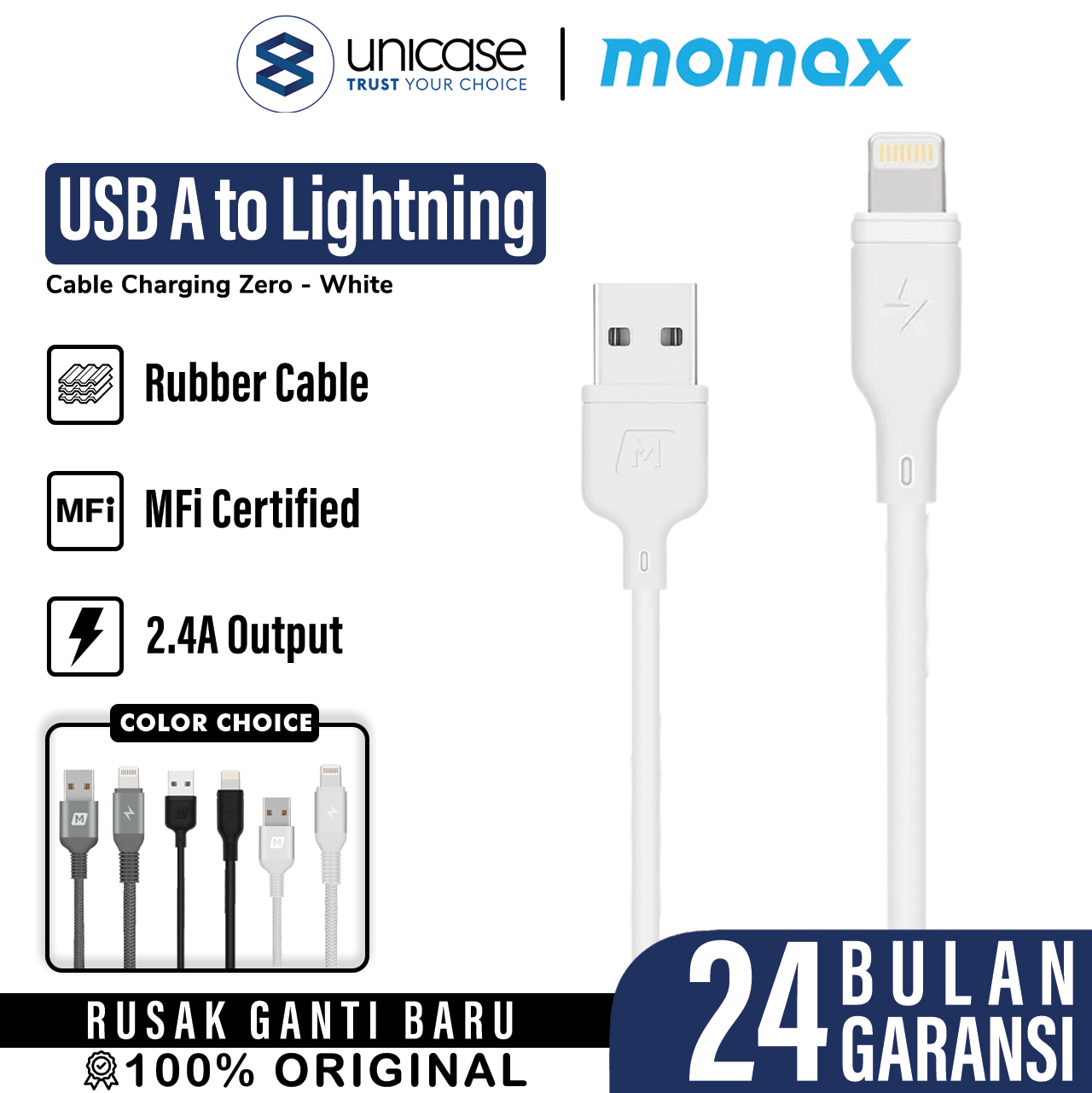 Momax Kabel Charger Lightning - USB A Zero 1m - White DL16W