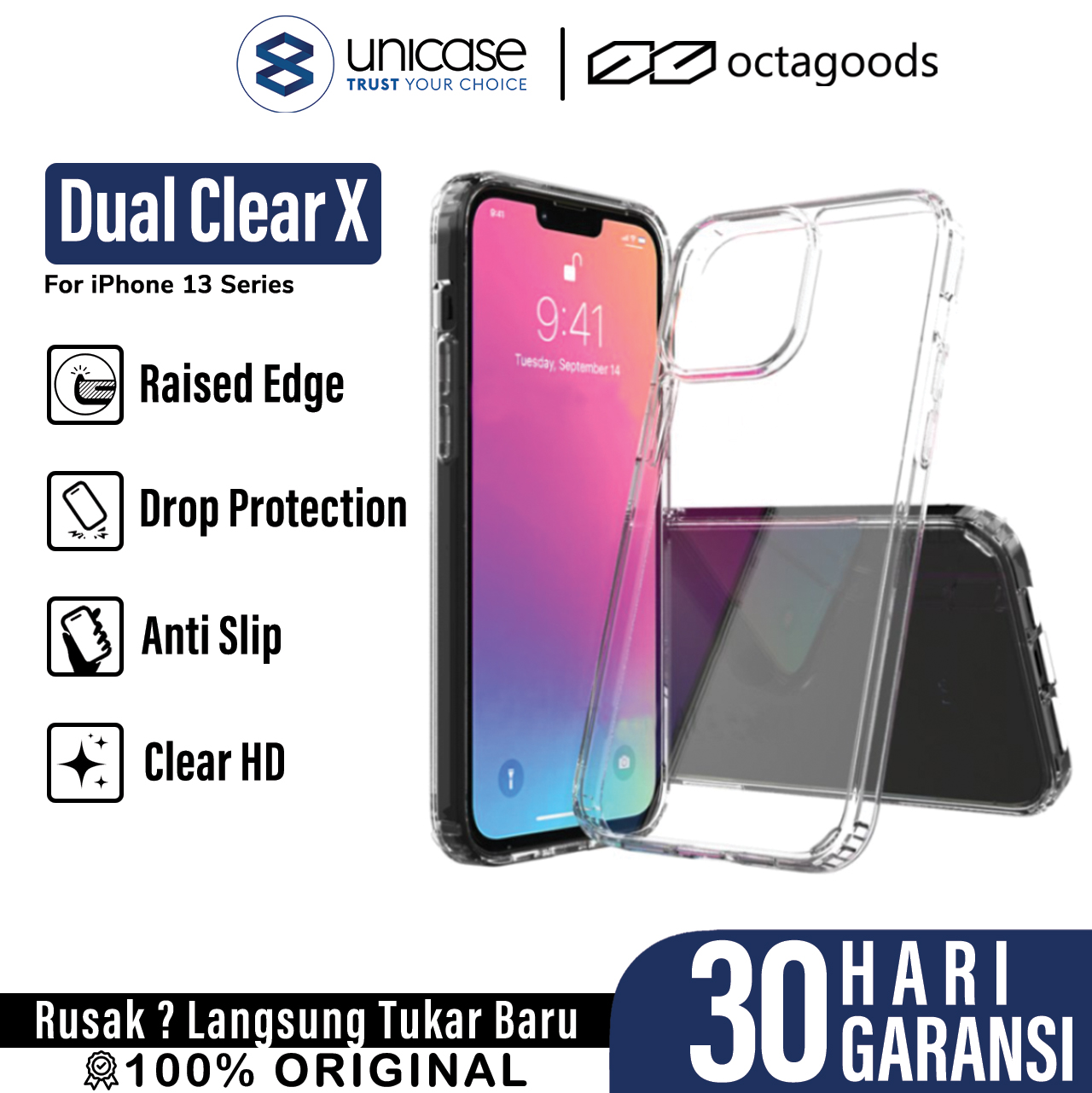 Case iPhone 13 Pro Max Mini OctaGoods Dual Clear X Anti Crack Casing