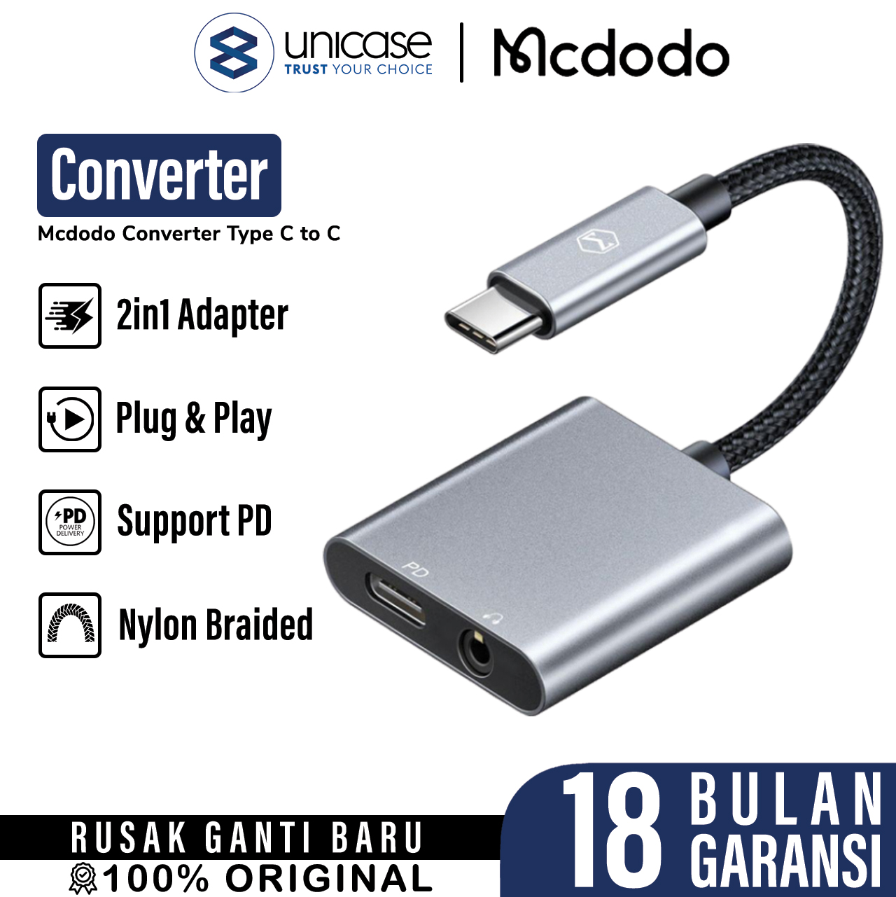 Cable Adapter 2in1 USB C to C Jack Audio 3.5mm MCDODO Audio Converter