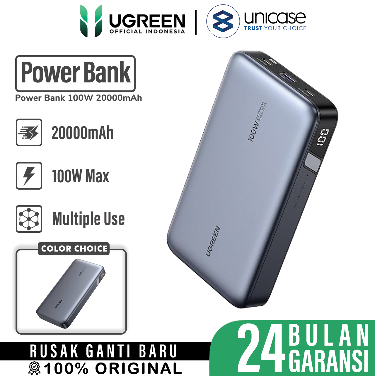 UGREEN Powerbank 20000mAh 1A 2C 100W with LED Indicator - Grey PB720 25188