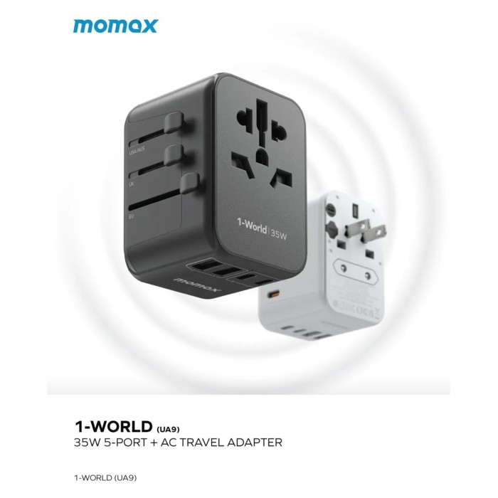 Momax Travel Adaptor 1-World 5-Port 2A 3C PD 35W - Titanium UA9E