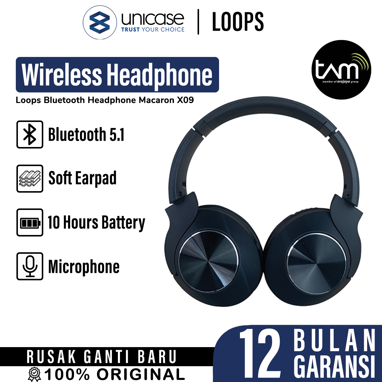 Headphone Bluetooth 5.1 Loops Macaron X09 On Ear Mic Audio HD Earphone