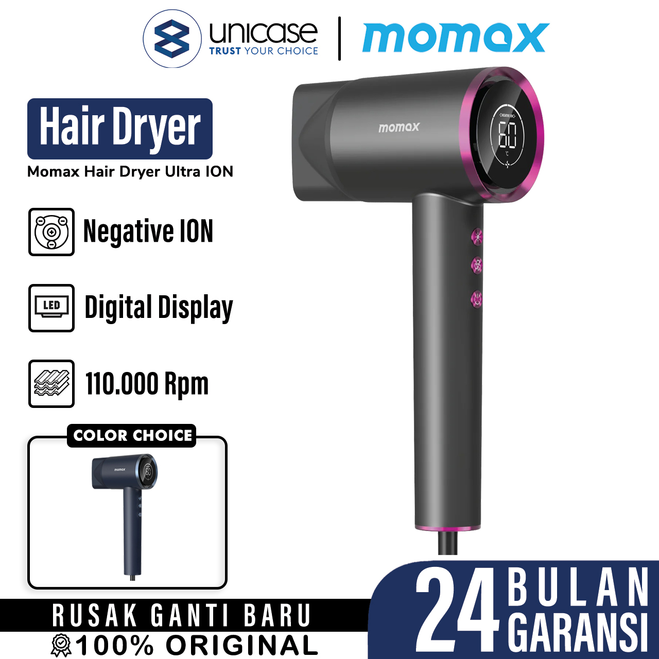 Momax Hair Dryer Ultra-Speed ION Hair Dryer - Grey HL10EUE