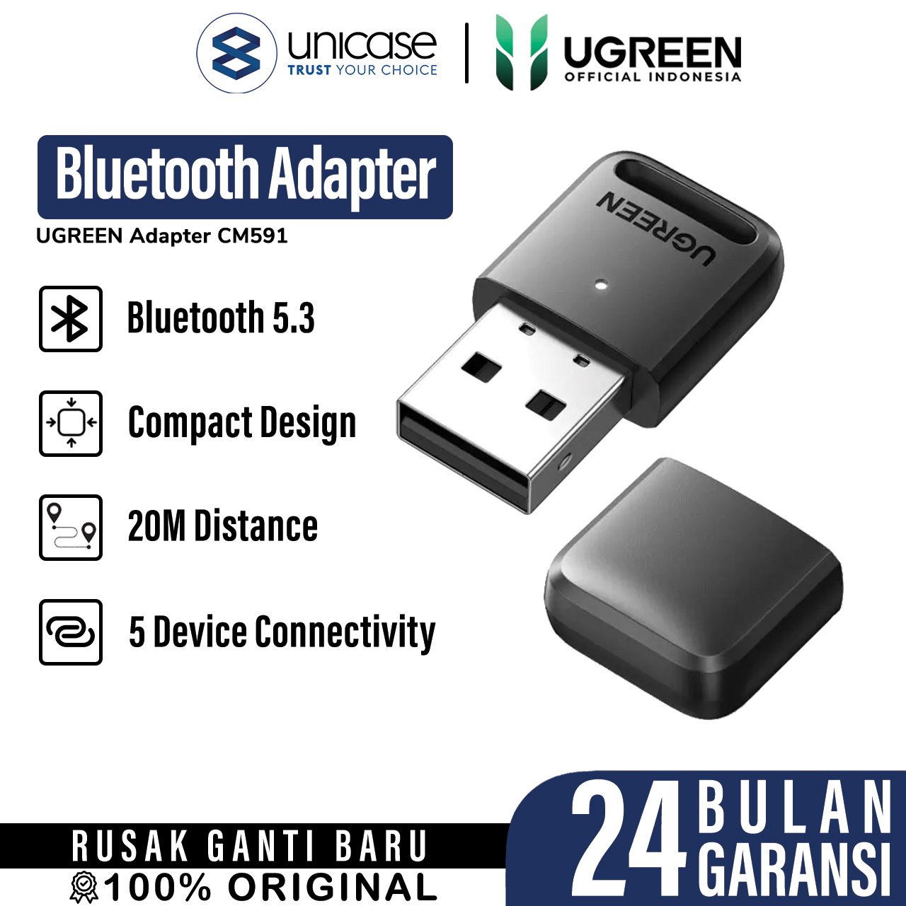UGREEN Bluetooth Dongle USB Bluetooth 5.3 Adapter Receiver for PC - Black CM591 90225-1