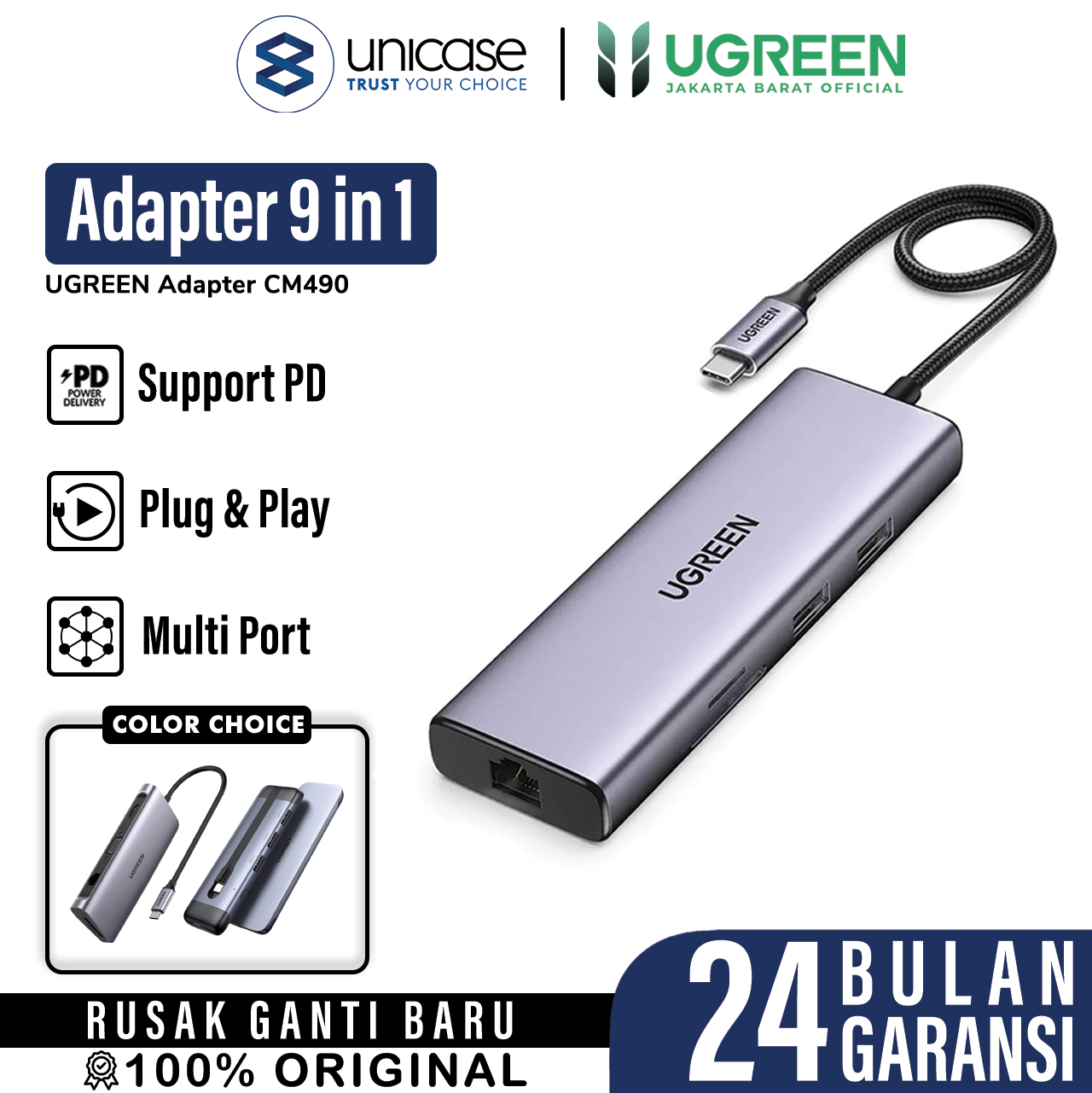 Adapter Converter HUB 9 in 1 UGREEN USB Type C PD HDMI 4K RJ45 Laptop