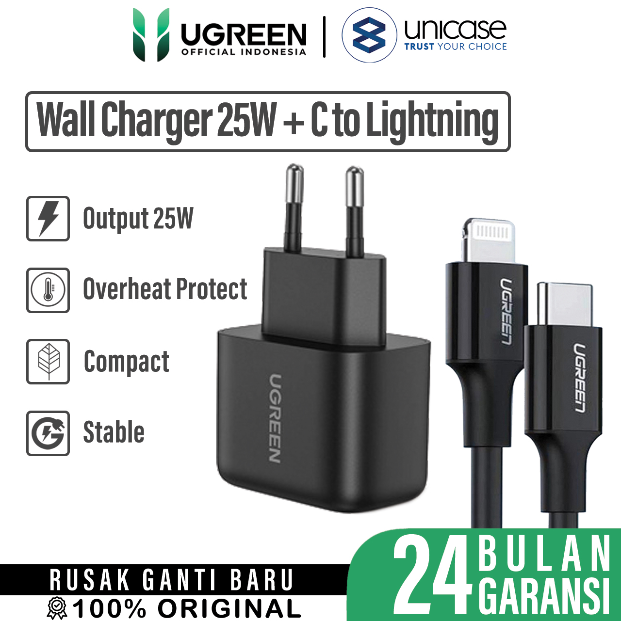 Cable Charger UGREEN CD250 Black + Cable C to Lightning 1m US171