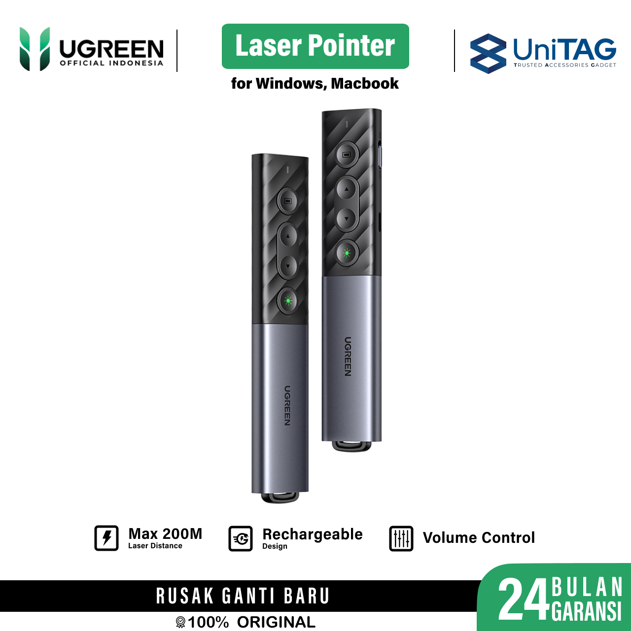 UGREEN Wireless Presenter With Laser Green Dual Conection - Gray 20470