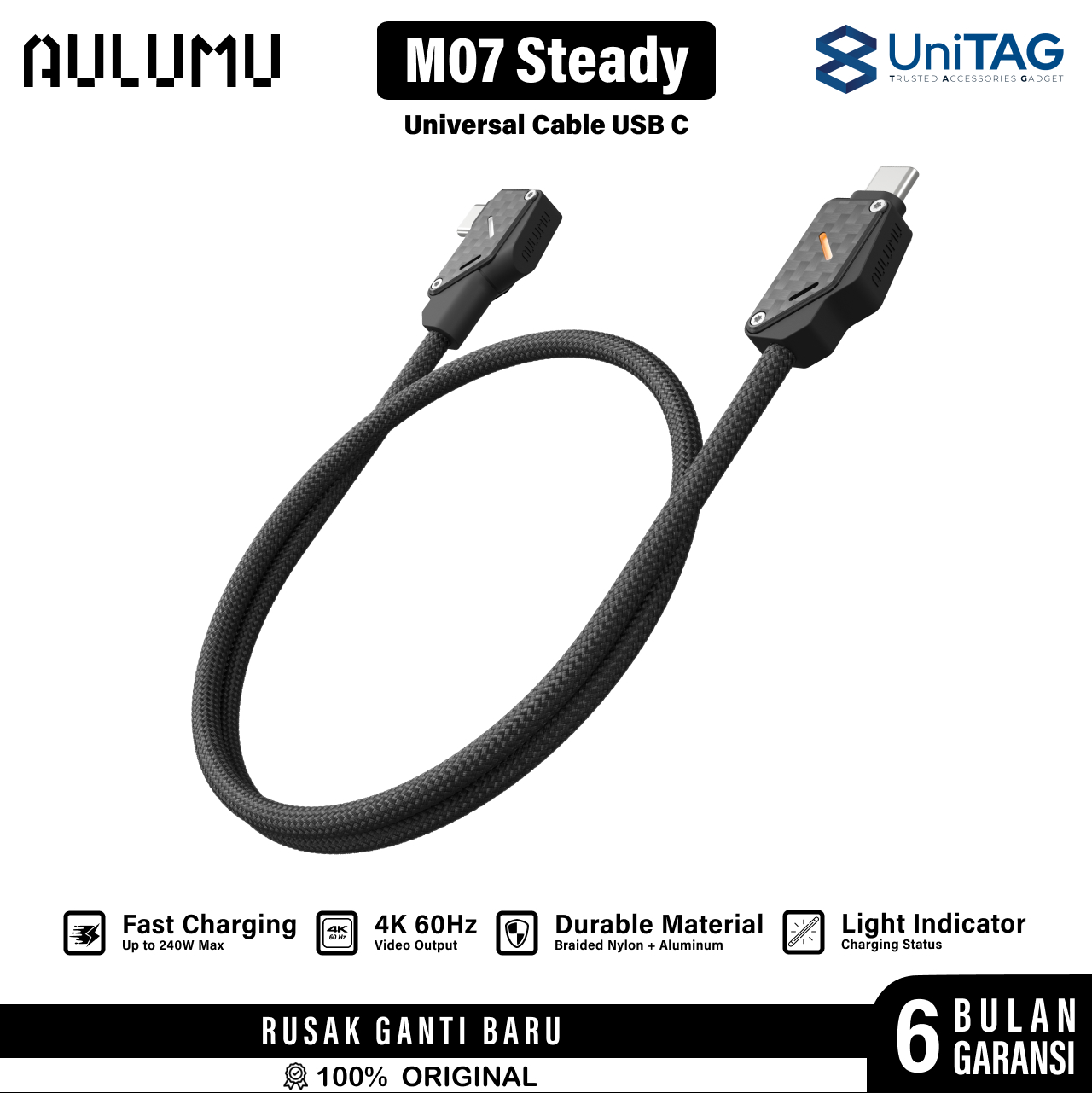 Aulumu Kabel Charger 90" USB C - USB C M07 Carbon Fiber Kevlar Cable 240W 1.2m - Black M07-CF-BK-1.2
