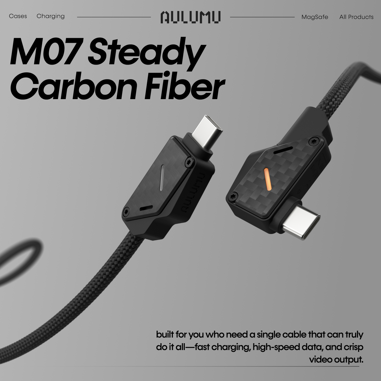 Aulumu Kabel Charger 90" USB C - USB C M07 Carbon Fiber Kevlar Cable 240W 1.2m - Black M07-CF-BK-1.2