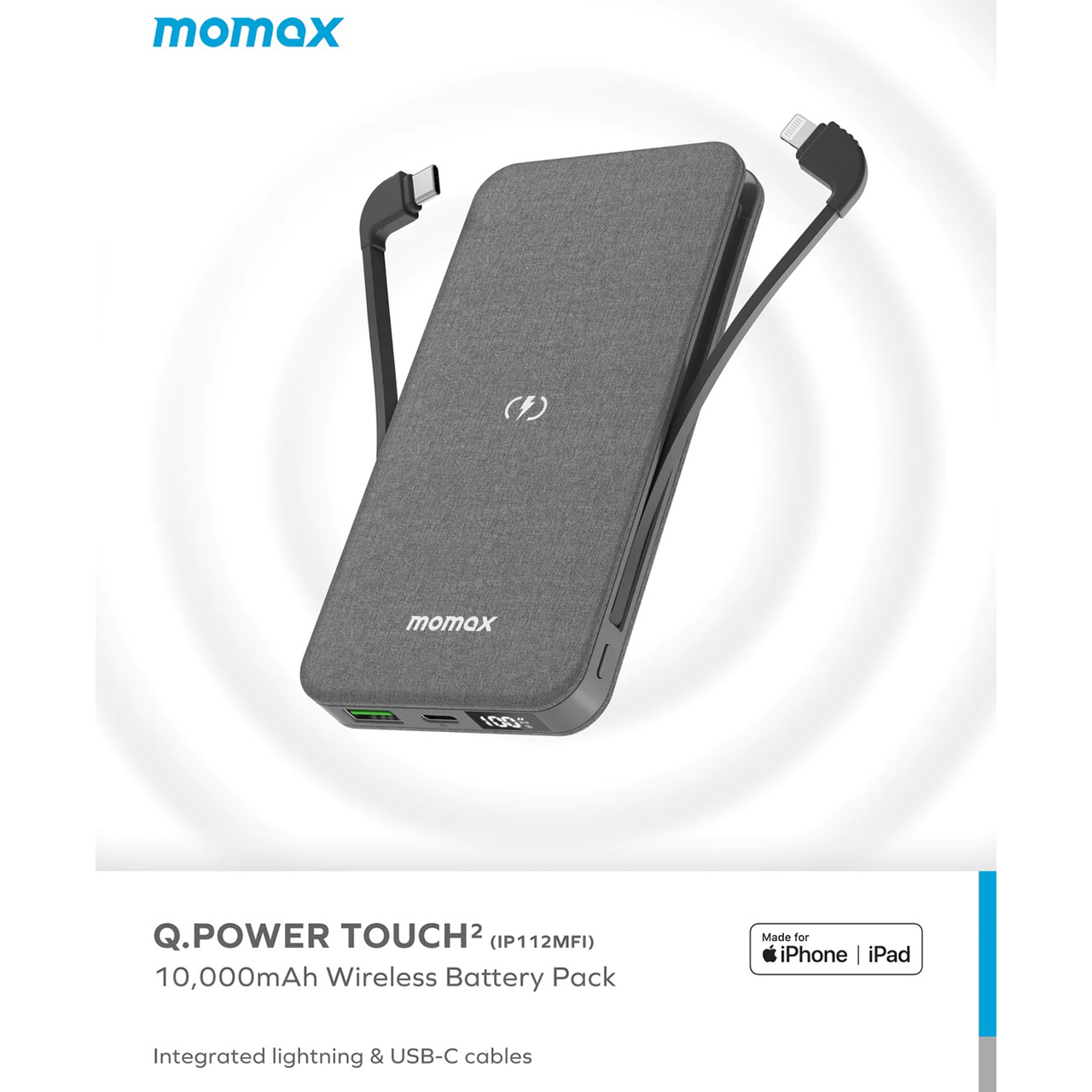 Powerbank Wireless 15W Momax 10000mAh USB Type C Lightning MFi Cable