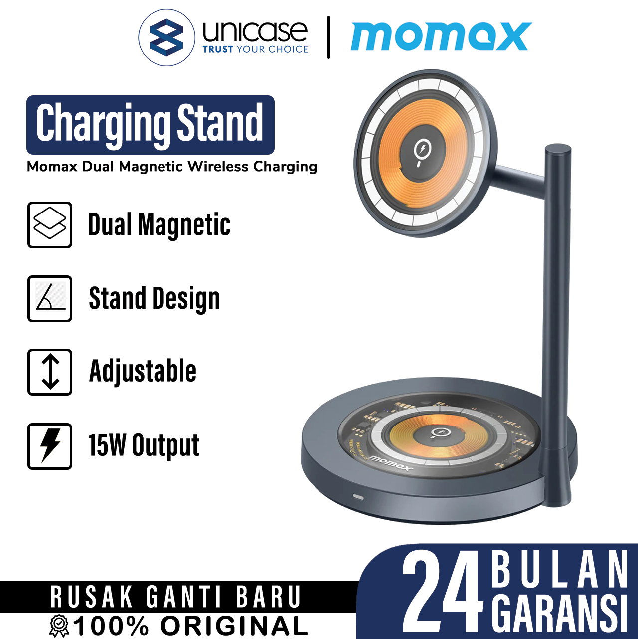 Momax Magsafe Wireless Charger Stand 2 in 1 Q.Mag Dual 2 - Black UD23E