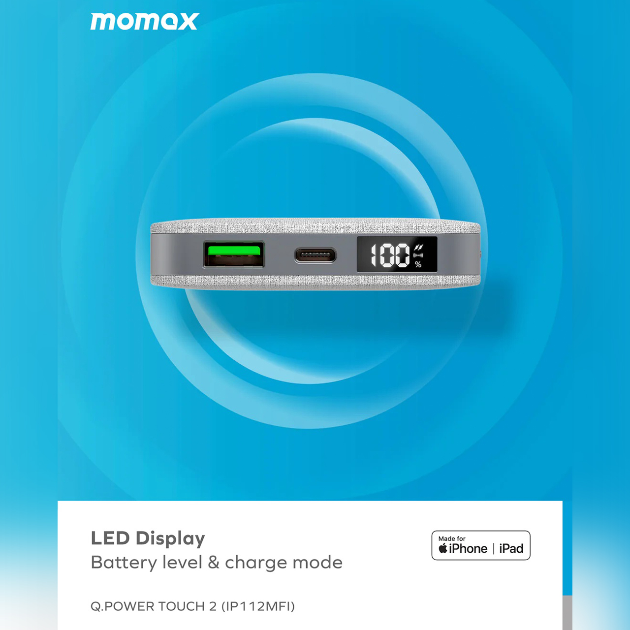 Powerbank Wireless 15W Momax 10000mAh USB Type C Lightning MFi Cable