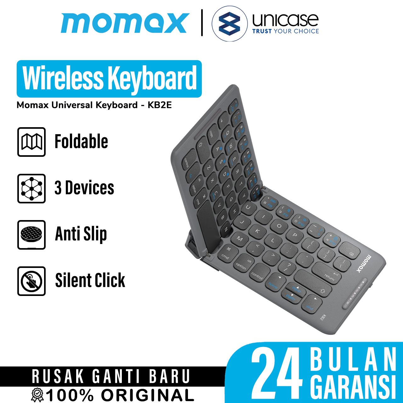 Momax Keyboard Foldable Onelink Folding Portable Wireless Keyboard - Space Grey KB2E