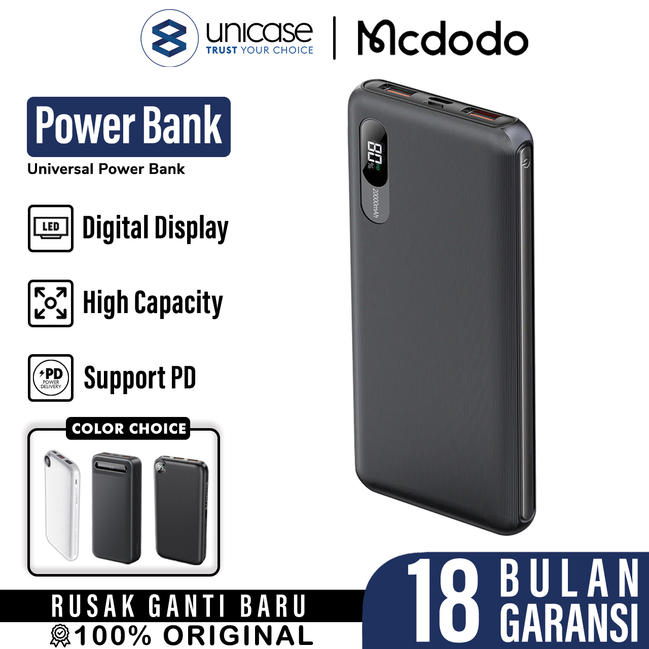 Powerbank MCDODO 20000mAh/10000mAh 22.5W PD QC 3.0 Fast Charge USB A/C