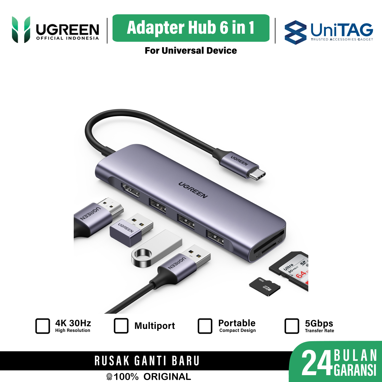 UGREEN Hub 6 in 1 USB C to 3A 1HDMI 1SD 1TF - Space Gray CM195 70410