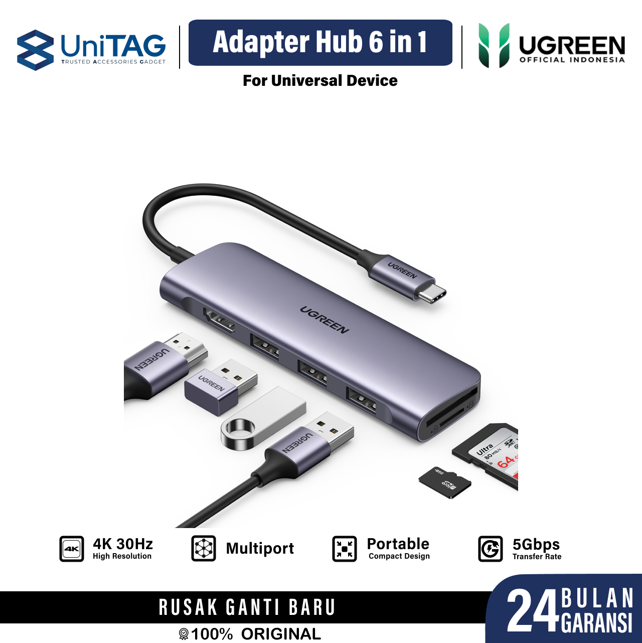 UGREEN Hub 6 in 1 USB C to 3A 1HDMI 1SD 1TF - Space Gray CM195 70410