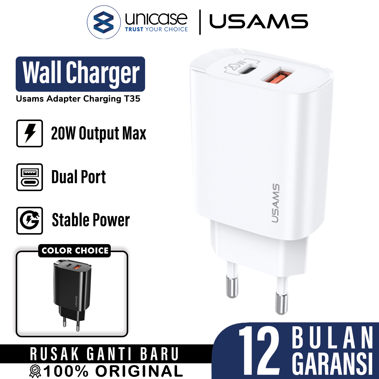 Adapter Charger USAMS T35 USB A Type C Fast Charging PD QC 3.0 Adaptor