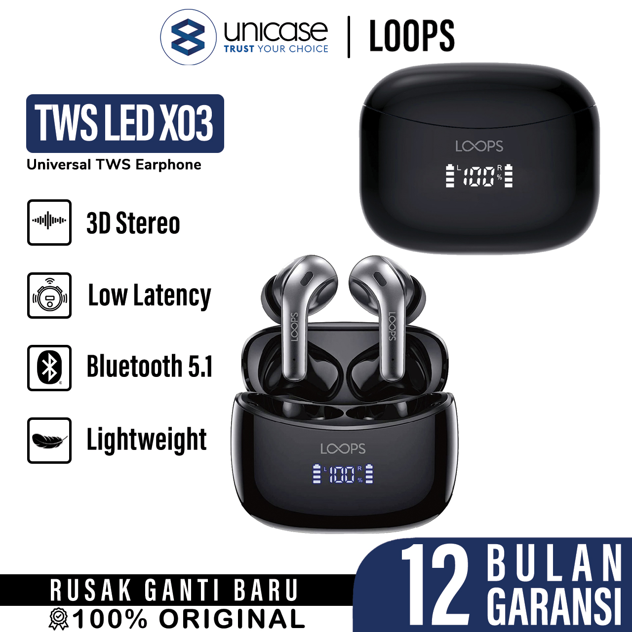 Headset Bluetooth 5.1 TWS LOOPS LED X03 True Wireless Earphone Earbuds