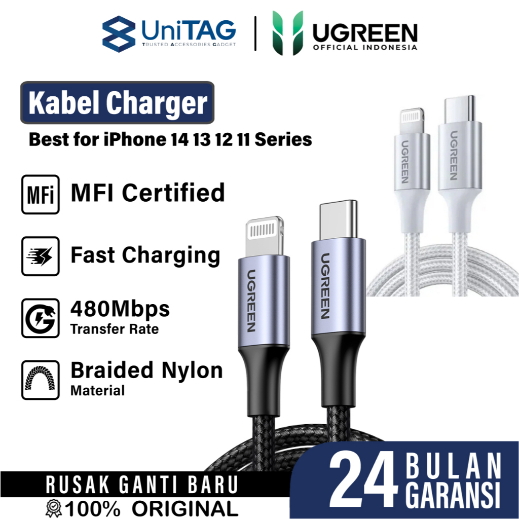 UGREEN Kabel Charger Lightning - USB C 3A 60W Braided 1m - Black US304 60759