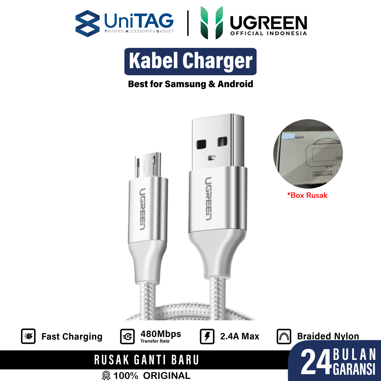 UGREEN Kabel Charger USB Micro - USB A 3A Braided 1m - White US290 60151-1
