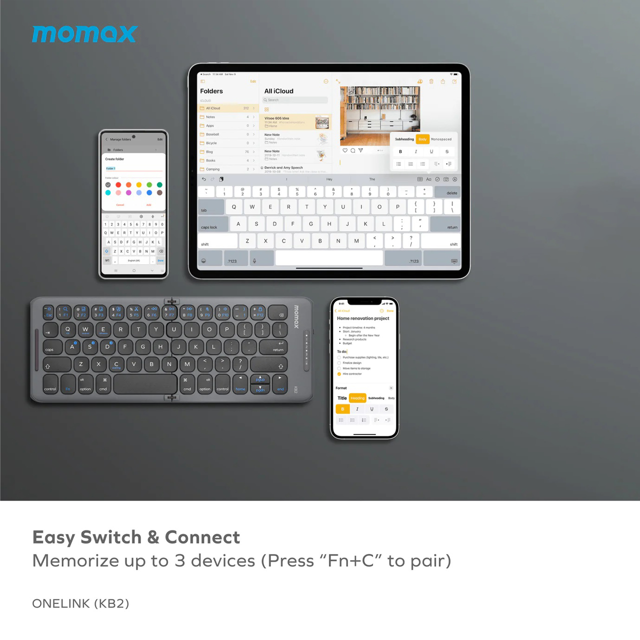 Momax Keyboard Foldable Onelink Folding Portable Wireless Keyboard - Space Grey KB2E