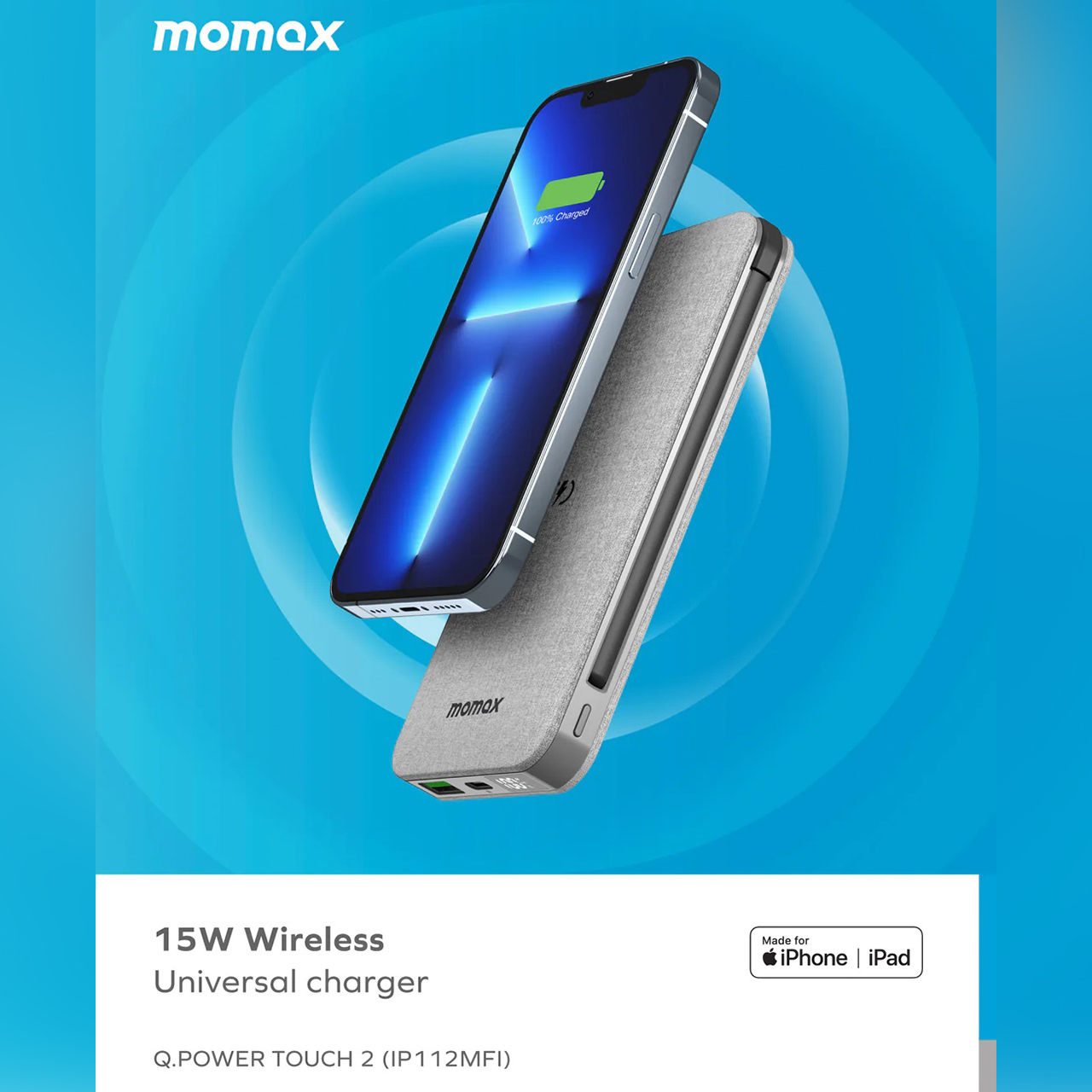Powerbank Wireless 15W Momax 10000mAh USB Type C Lightning MFi Cable