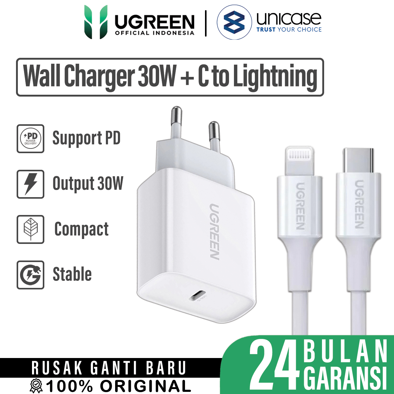 UGREEN CD127 White + Cable C to Lightning 2m US171