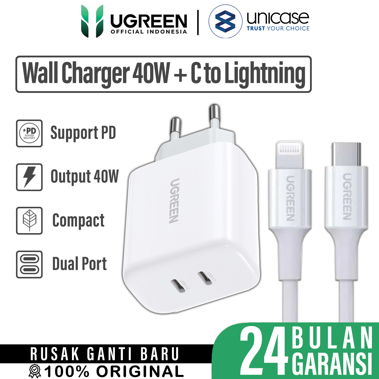 UGREEN CD243 White + Cable C to Lightning 1.5m US171