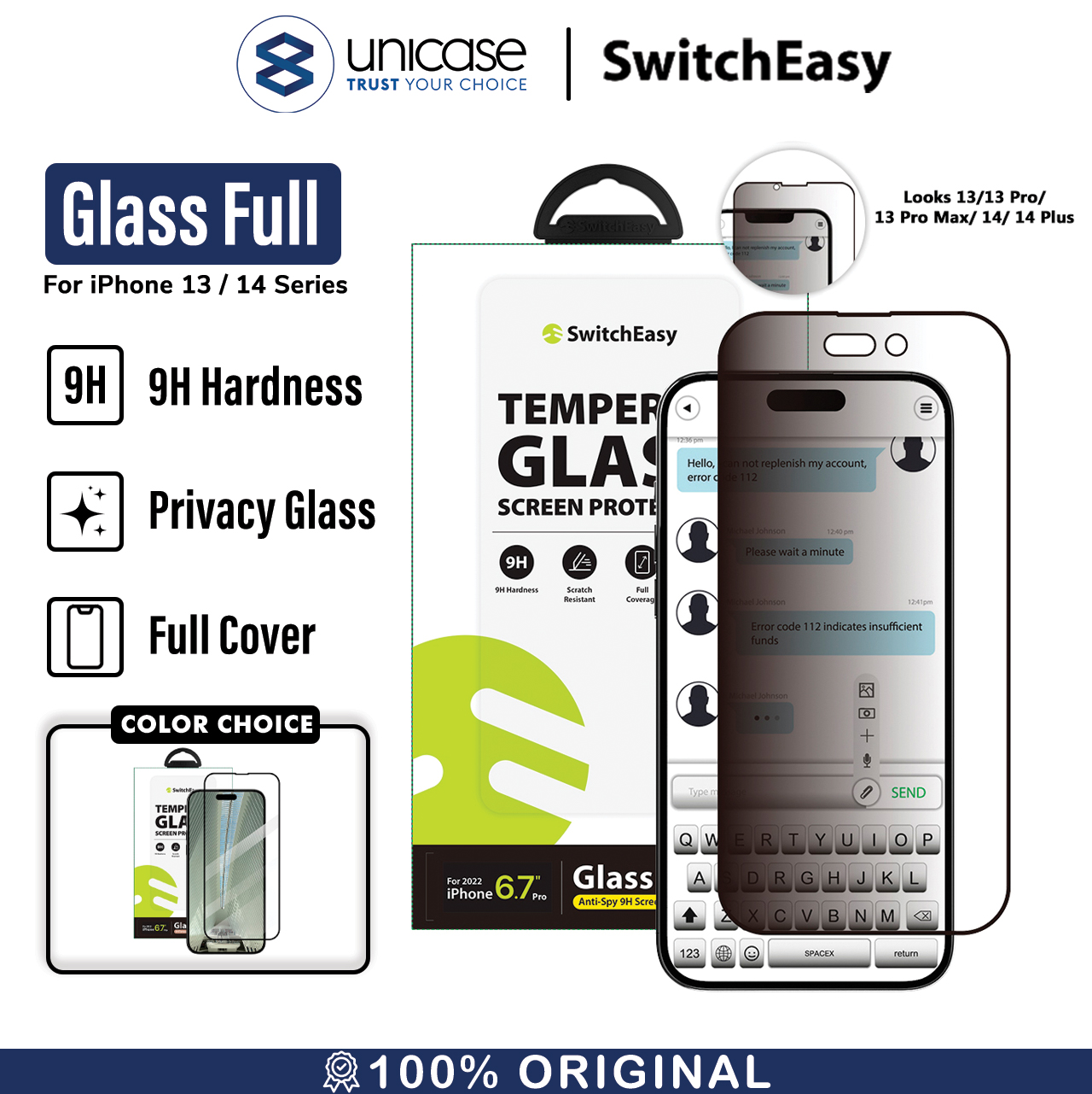 Tempered Glass iPhone 14/13 Pro Max Plus SwitchEasy Full Cover Clear Anti Spy