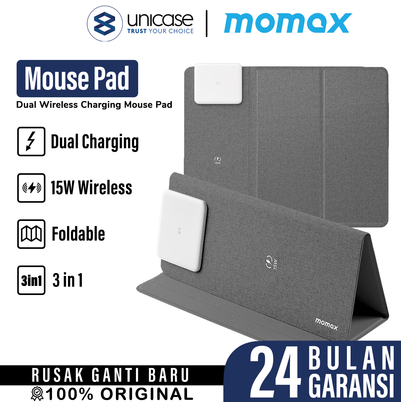 Momax Dual Wireless Charging Mouse Pad - Dark Grey QM3E
