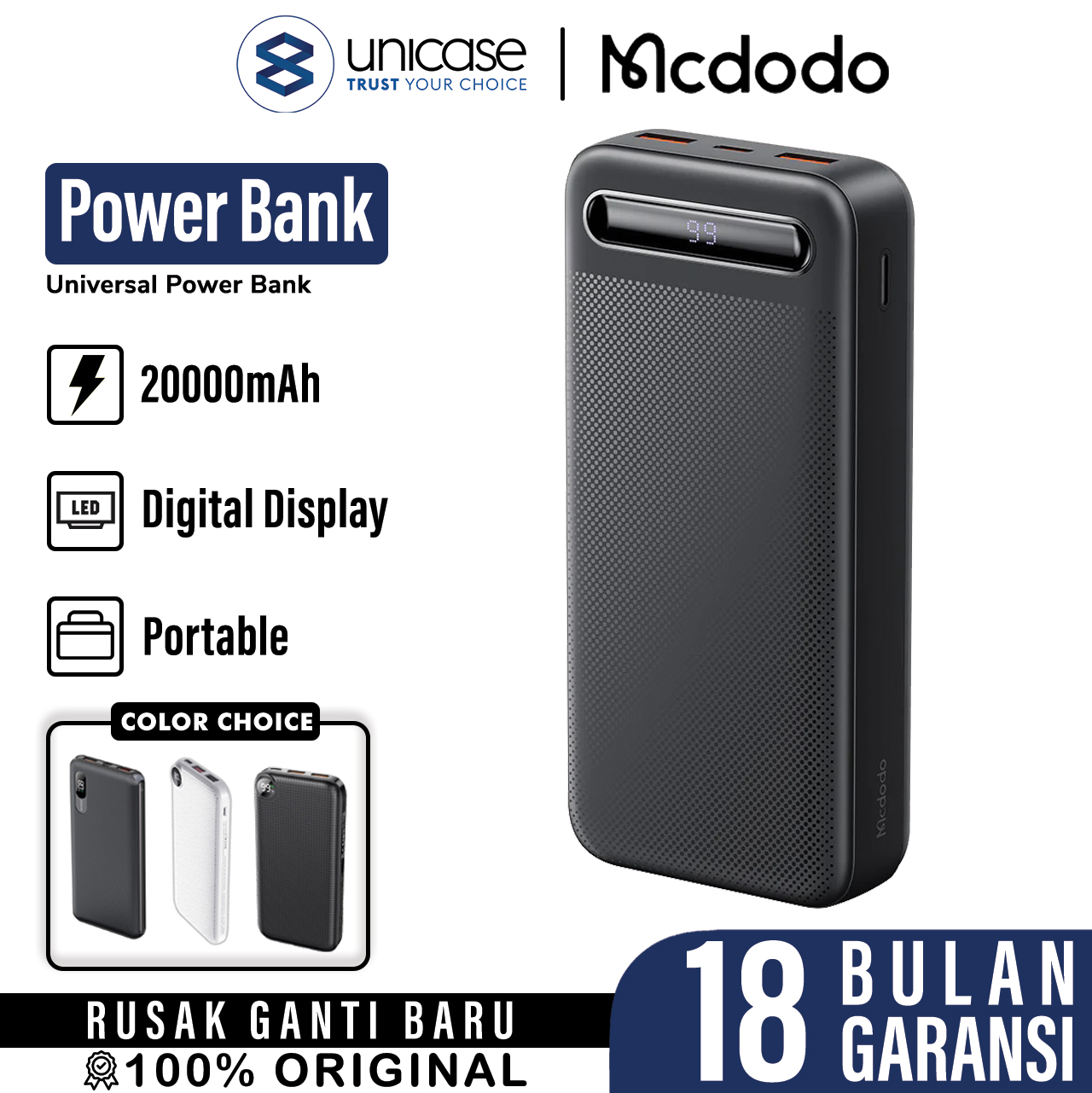 Powerbank MCDODO 20000mAh/10000mAh 22.5W PD QC 3.0 Fast Charge USB A/C