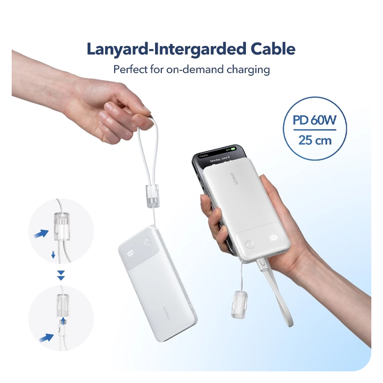 Anker Powerbank 10000mAh 22,5W 1A 1C With USB C Lanyard Cable A1388 - Black A1388H11