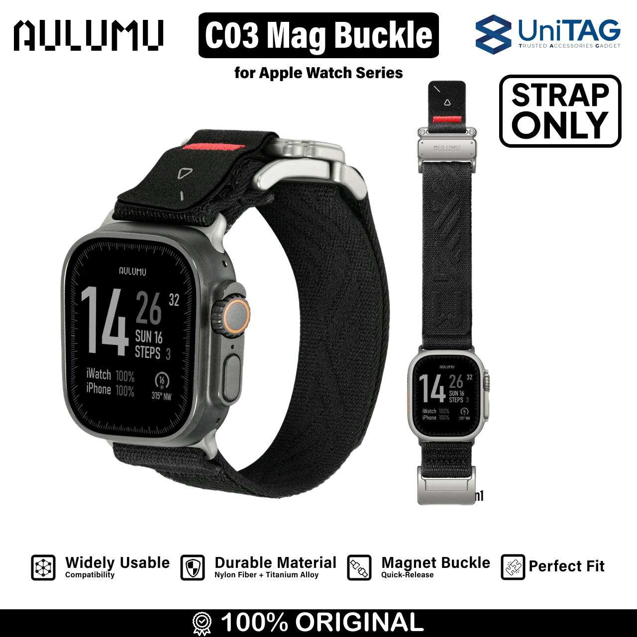 Aulumu Apple Watch 49mm / 46mm / 45mm / 44mm / 42mm (Series 3 / 2 / 1) Strap Mag Buckle C03 Titanium Buckle - Black C03-TI-SL-BK
