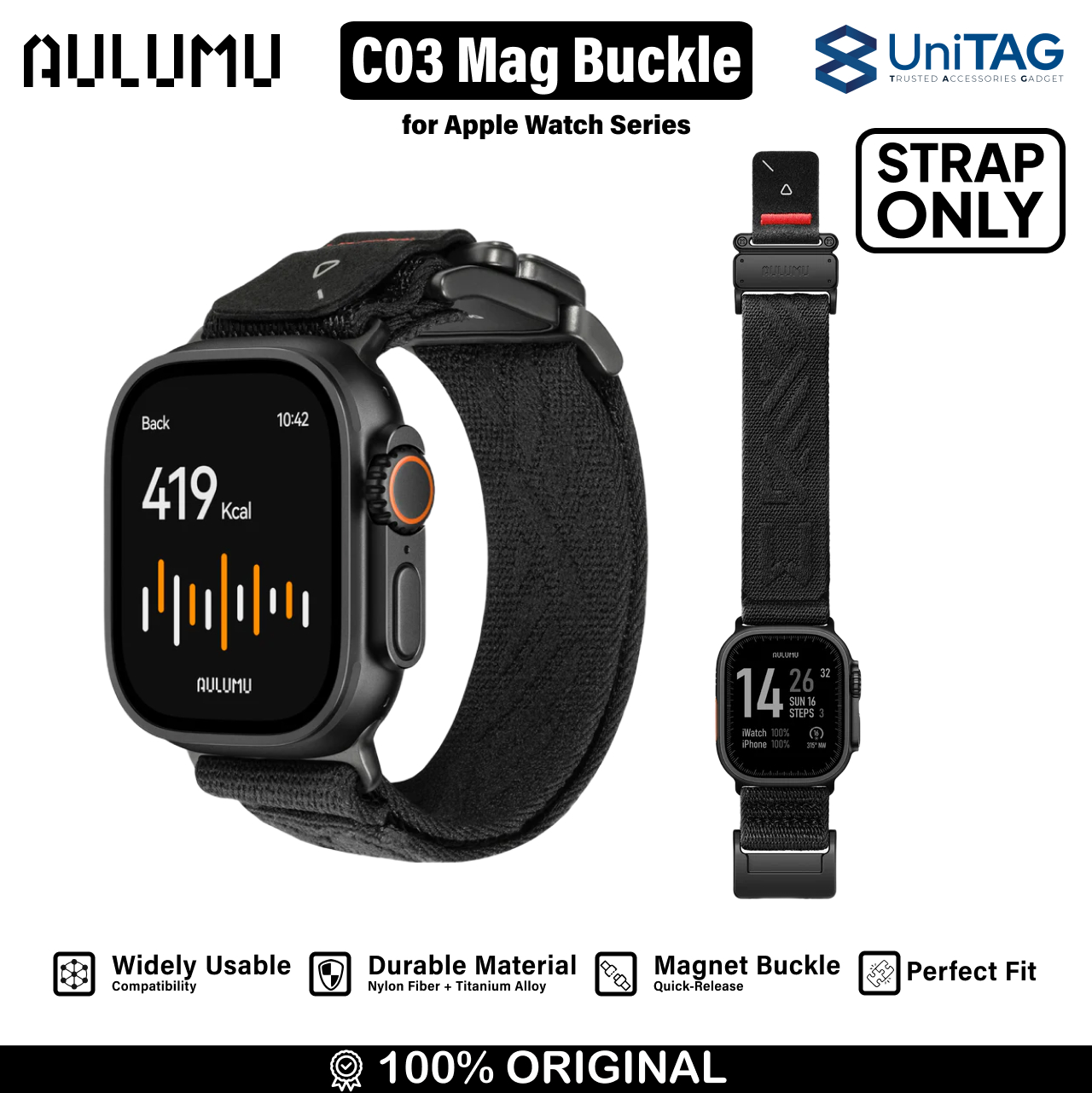Aulumu Apple Watch 49mm / 46mm / 45mm / 44mm / 42mm (Series 3 / 2 / 1) Strap Mag Buckle C03 Titanium Black Buckle - Black C03-TI-BK-BK