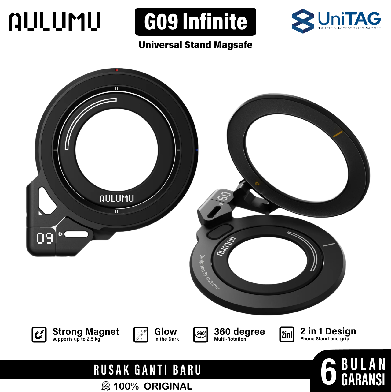 Aulumu Phone Kickstand G09 Universal Shaft Double-Sided Magnetic Mount - Black UA-G09-BK