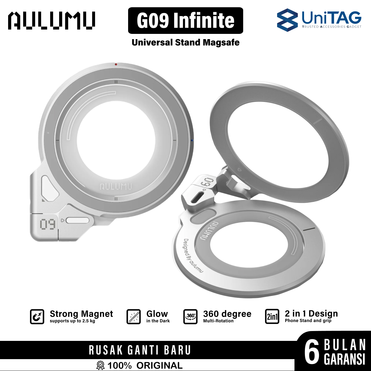 Aulumu Phone Kickstand G09 Universal Shaft Double-Sided Magnetic Mount - Silver UA-G09-SR